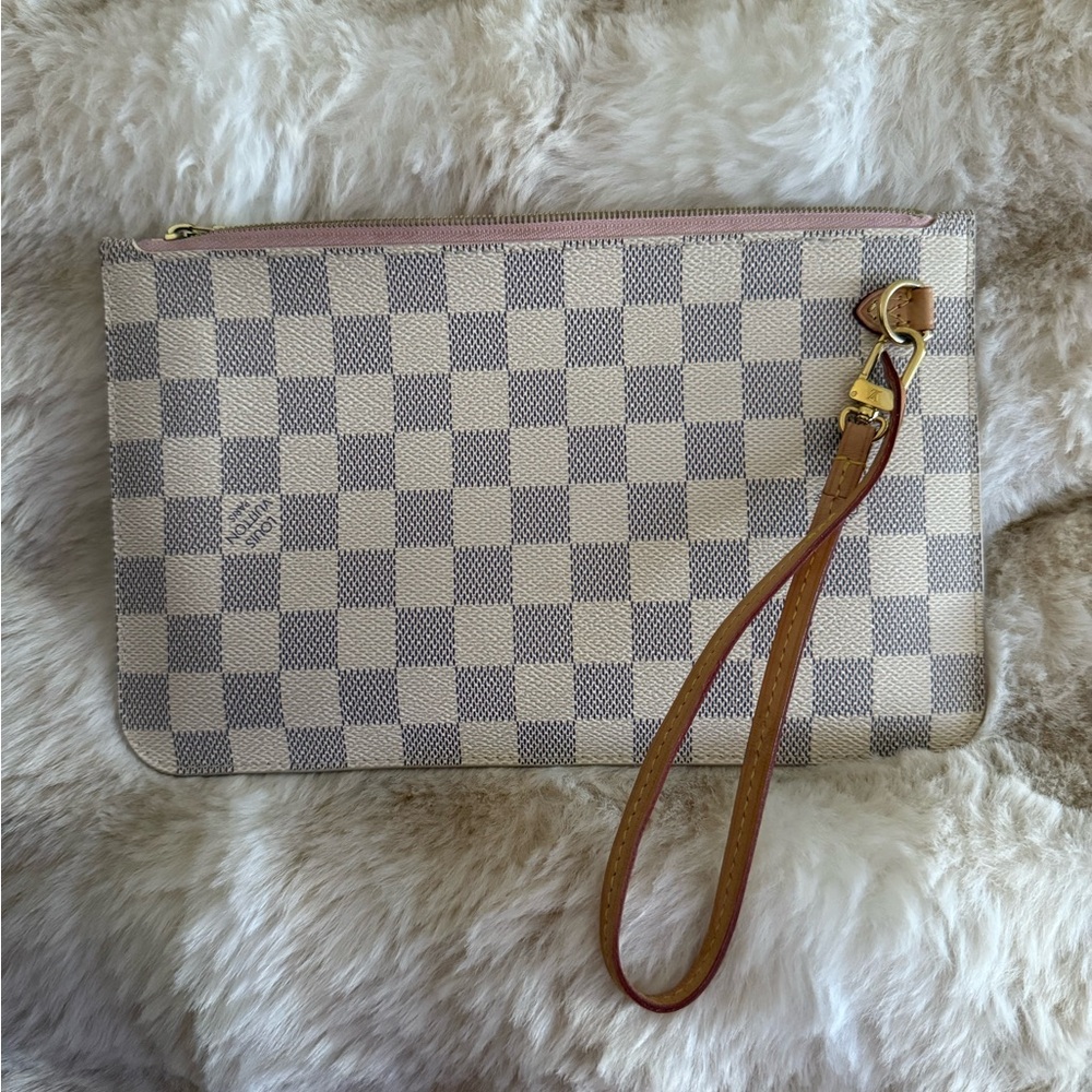 Louis Vuitton Damier Azur Check Wristlet Clutch in Cream, Gray and Pink Trim